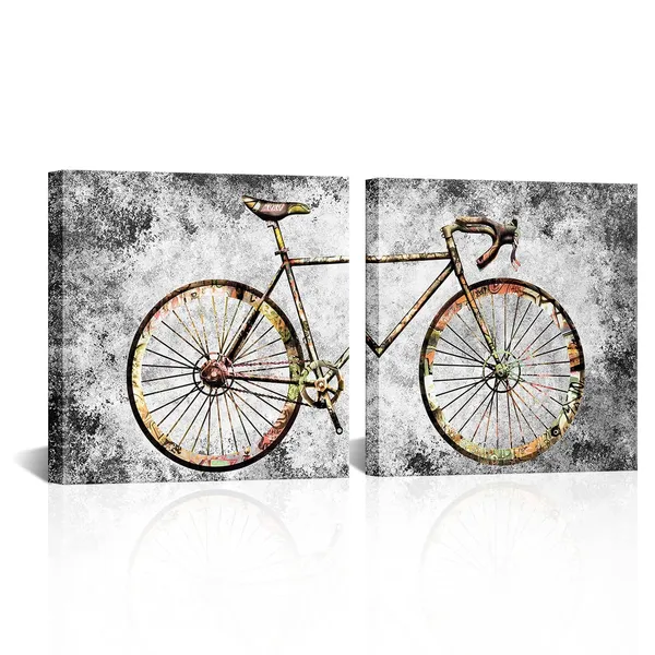Multicolor_Rustic_Bicycle_Graffiti_Wall_Art_Mountain_Bike_Painting_Retro_Bike_Canvas_Prints_Framed_Artwork_Farmhouse_Living_Room_Bedroom_Decoration_12"X12"X2Pieces