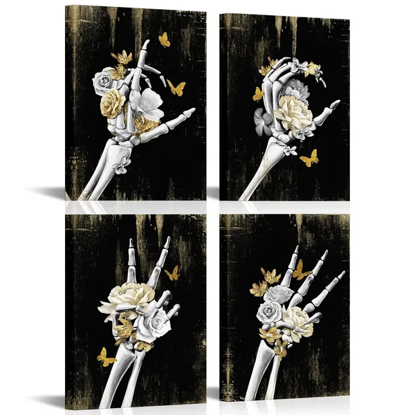 Gold_Skull_Wall_Decor_Love_Decor_Painting_Gothic_Bedroom_Decor_Goth_Room_Decor_Framed_Canvas_Wall_Art_12"X16"X4_Pieces_(Gold)