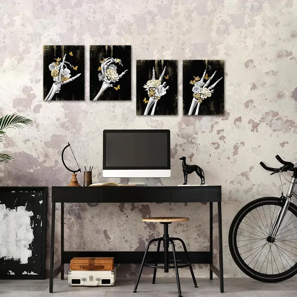 Gold_Skull_Wall_Decor_Love_Decor_Painting_Gothic_Bedroom_Decor_Goth_Room_Decor_Framed_Canvas_Wall_Art_12"X16"X4_Pieces_(Gold)