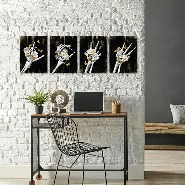 Gold_Skull_Wall_Decor_Love_Decor_Painting_Gothic_Bedroom_Decor_Goth_Room_Decor_Framed_Canvas_Wall_Art_12"X16"X4_Pieces_(Gold)