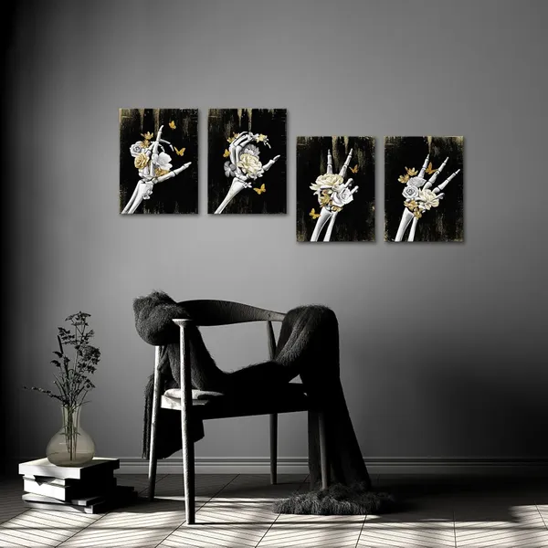 Gold_Skull_Wall_Decor_Love_Decor_Painting_Gothic_Bedroom_Decor_Goth_Room_Decor_Framed_Canvas_Wall_Art_12"X16"X4_Pieces_(Gold)