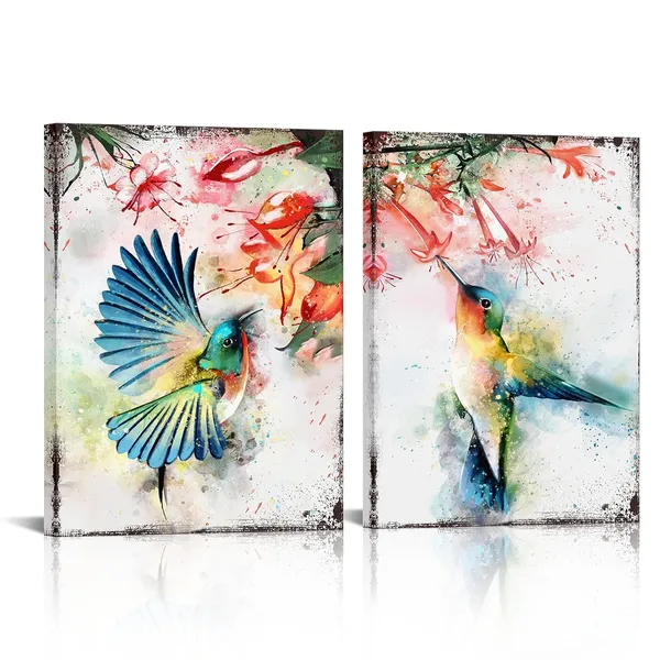 Multicolor_Hummingbirds_Wall_Art_Bird_With_Flower_Picture_Canvas_Print_Framed_Artwork_Ready_To_Hang_12X16Inchx2_Panels