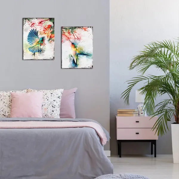 Multicolor_Hummingbirds_Wall_Art_Bird_With_Flower_Picture_Canvas_Print_Framed_Artwork_Ready_To_Hang_12X16Inchx2_Panels