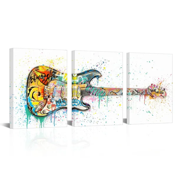 White_Music_Room_Decor_Graffiti_Wall_Art_Guitar_Painting_Music_Wall_Art_Framed_Canvas_Artwork_|_For_Walls_12Inchx16Inchx3Piece_(White,_Horizontal)