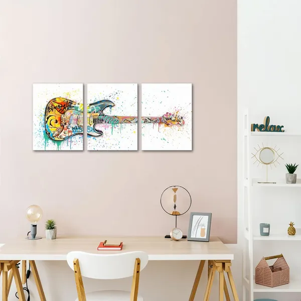 White_Music_Room_Decor_Graffiti_Wall_Art_Guitar_Painting_Music_Wall_Art_Framed_Canvas_Artwork_|_For_Walls_12Inchx16Inchx3Piece_(White,_Horizontal)