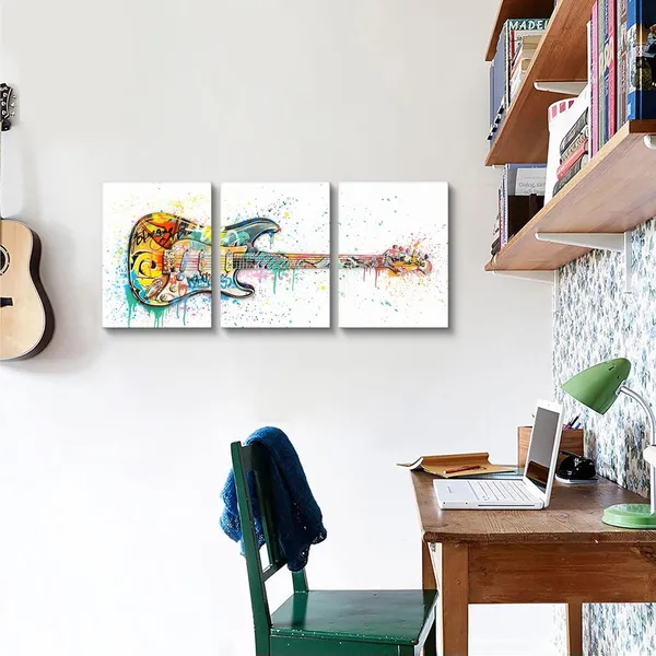 White_Music_Room_Decor_Graffiti_Wall_Art_Guitar_Painting_Music_Wall_Art_Framed_Canvas_Artwork_|_For_Walls_12Inchx16Inchx3Piece_(White,_Horizontal)