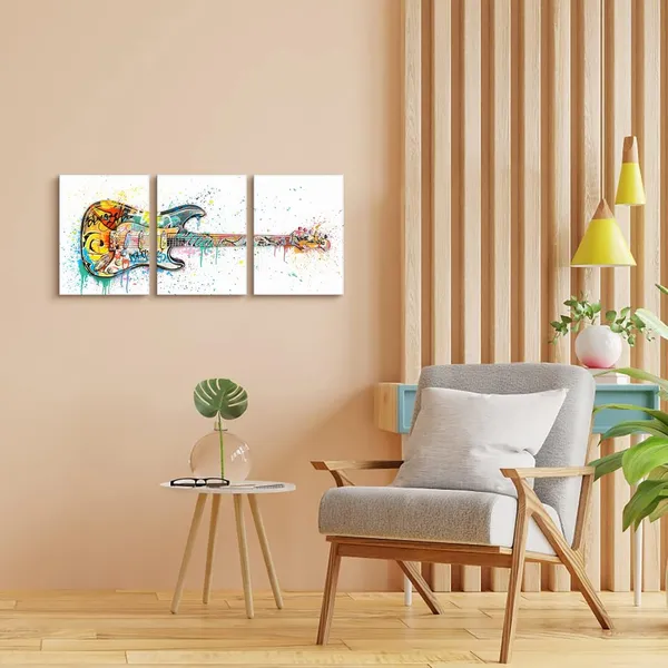 White_Music_Room_Decor_Graffiti_Wall_Art_Guitar_Painting_Music_Wall_Art_Framed_Canvas_Artwork_|_For_Walls_12Inchx16Inchx3Piece_(White,_Horizontal)