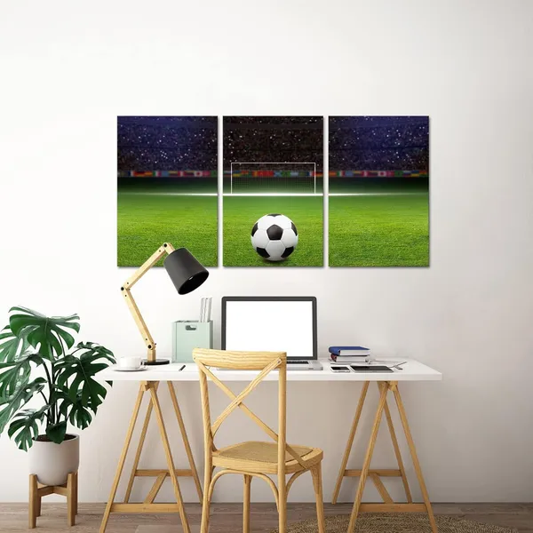 Green_3_Panels_Canvas_Wall_Art_Soccer_Ball_On_Green_Huge_Football_Field_With_Soccer_Gate_Picture_Poster_Sports_Painting_Home_Wall_Decor_|_For_Boys_Bedroom