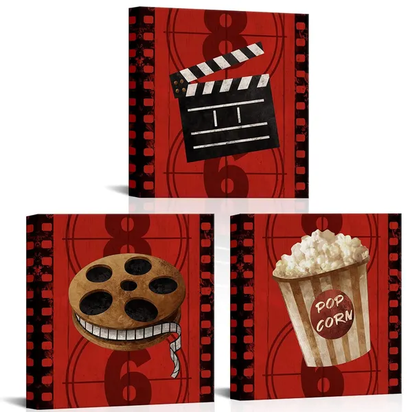 Red_Movie_Room_Decor_Home_Theater_Cinema_Art_Prints_Framed_Artwork_Media_Room_Decor_12"X12"X3_Pieces