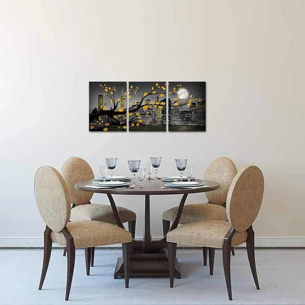 Multicolor_New_York_City_Wall_Art_Yellow_Grey_Flower_Painting_Floral_Picture_Black_White_Cityscape_Canvas_Prints_Framed_Artwork_Living_Room_Bedroom_Decoration_12"X16"X3_Pieces