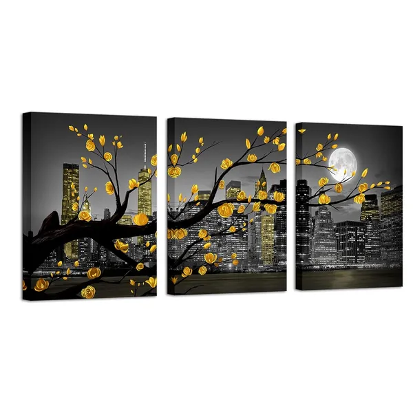 Multicolor_New_York_City_Wall_Art_Yellow_Grey_Flower_Painting_Floral_Picture_Black_White_Cityscape_Canvas_Prints_Framed_Artwork_Living_Room_Bedroom_Decoration_12"X16"X3_Pieces