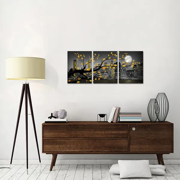 Multicolor_New_York_City_Wall_Art_Yellow_Grey_Flower_Painting_Floral_Picture_Black_White_Cityscape_Canvas_Prints_Framed_Artwork_Living_Room_Bedroom_Decoration_12"X16"X3_Pieces