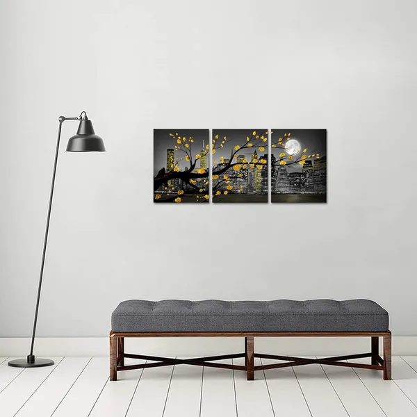 Multicolor_New_York_City_Wall_Art_Yellow_Grey_Flower_Painting_Floral_Picture_Black_White_Cityscape_Canvas_Prints_Framed_Artwork_Living_Room_Bedroom_Decoration_12"X16"X3_Pieces
