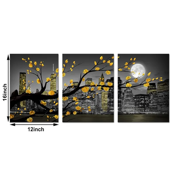 Multicolor_New_York_City_Wall_Art_Yellow_Grey_Flower_Painting_Floral_Picture_Black_White_Cityscape_Canvas_Prints_Framed_Artwork_Living_Room_Bedroom_Decoration_12"X16"X3_Pieces