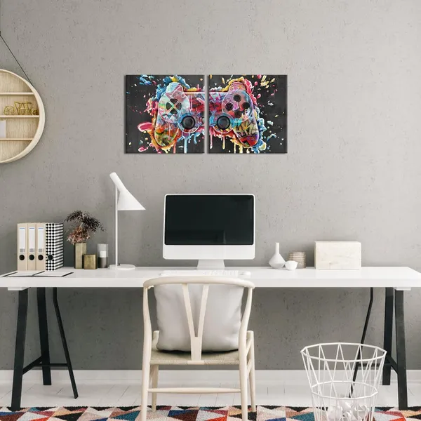 Black_Gamer_Room_Decor_Gaming_Decor_Graffiti_Gamepad_Painting_Video_Game_Art_Canvas_Print_Framed_Wall_Art_Teen_Boys_Room_Decor_Playroom_Decor_(16"X16"X2_Panels)