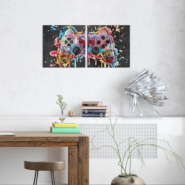 Black_Gamer_Room_Decor_Gaming_Decor_Graffiti_Gamepad_Painting_Video_Game_Art_Canvas_Print_Framed_Wall_Art_Teen_Boys_Room_Decor_Playroom_Decor_(16"X16"X2_Panels)