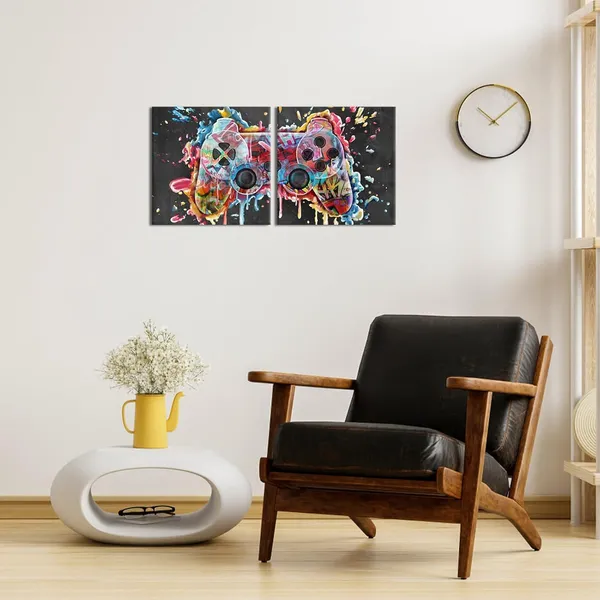 Black_Gamer_Room_Decor_Gaming_Decor_Graffiti_Gamepad_Painting_Video_Game_Art_Canvas_Print_Framed_Wall_Art_Teen_Boys_Room_Decor_Playroom_Decor_(16"X16"X2_Panels)