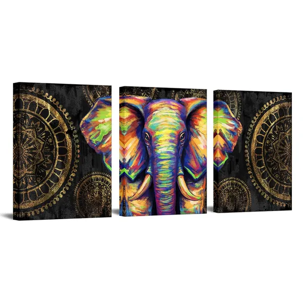 Multicolor_Elephant_Wall_Art_Black_Gold_African_Elephant_Painting_Boho_Wall_Decor_Picture_Framed_Bathroom_Wall_Decor_Bedroom_Decor,_12Inchx16Inchx3Pieces