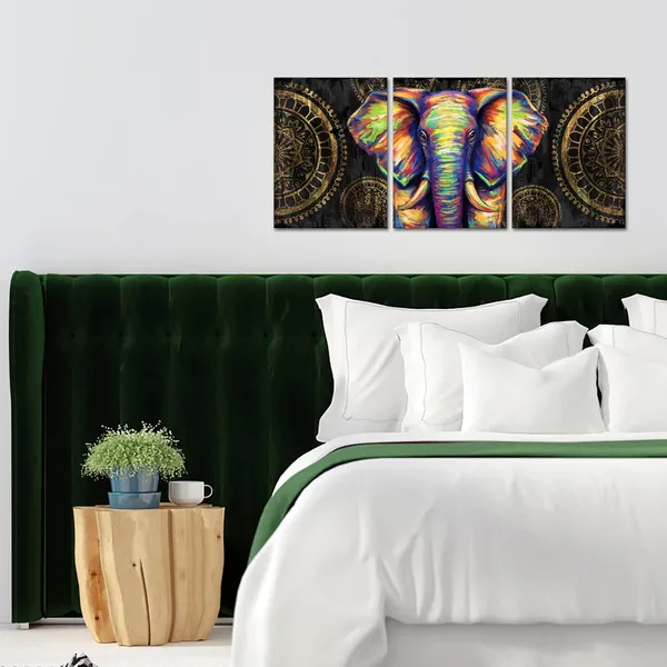 Multicolor_Elephant_Wall_Art_Black_Gold_African_Elephant_Painting_Boho_Wall_Decor_Picture_Framed_Bathroom_Wall_Decor_Bedroom_Decor,_12Inchx16Inchx3Pieces