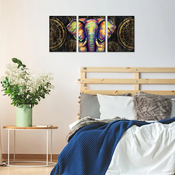 Multicolor_Elephant_Wall_Art_Black_Gold_African_Elephant_Painting_Boho_Wall_Decor_Picture_Framed_Bathroom_Wall_Decor_Bedroom_Decor,_12Inchx16Inchx3Pieces