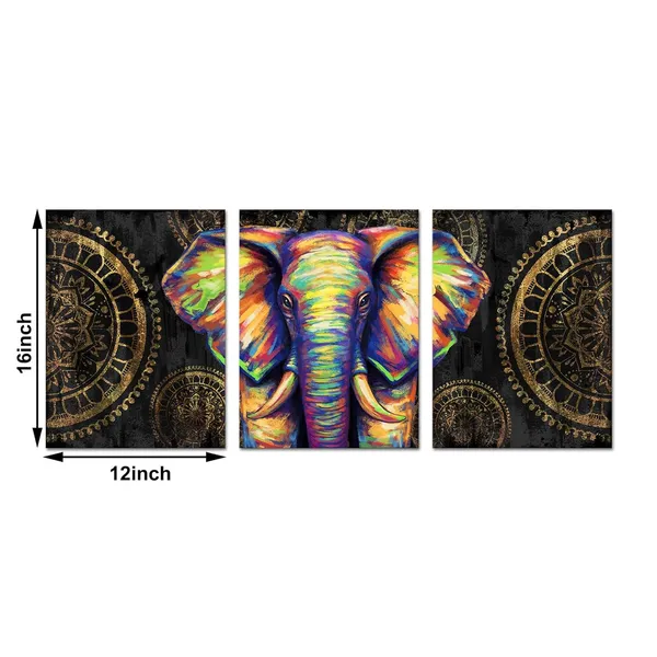 Multicolor_Elephant_Wall_Art_Black_Gold_African_Elephant_Painting_Boho_Wall_Decor_Picture_Framed_Bathroom_Wall_Decor_Bedroom_Decor,_12Inchx16Inchx3Pieces