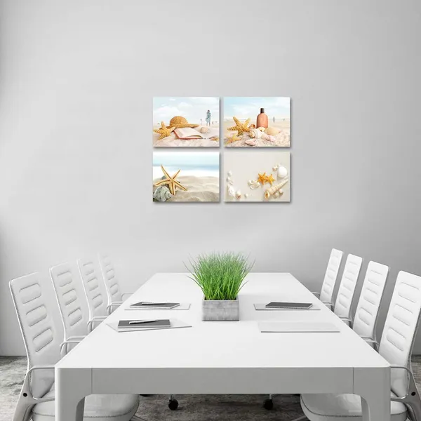 Multicolor_Ocean_Coastal_Beach_Bathroom_Wall_Picture_Seashell_Starfish_Painting_Canvas_Prints_Framed_Ready_To_Hang_12X16Inchx4_Panel