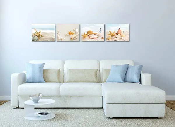 Multicolor_Ocean_Coastal_Beach_Bathroom_Wall_Picture_Seashell_Starfish_Painting_Canvas_Prints_Framed_Ready_To_Hang_12X16Inchx4_Panel