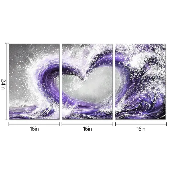 Purple_Romantic_Bedroom_Decor_Ocean_Wave_Painting_Love_Sign_Framed_Artwork_Bathroom_Bedroom_Living_Room_Wall_Decor_16"X24"X3Pieces_(Purple)