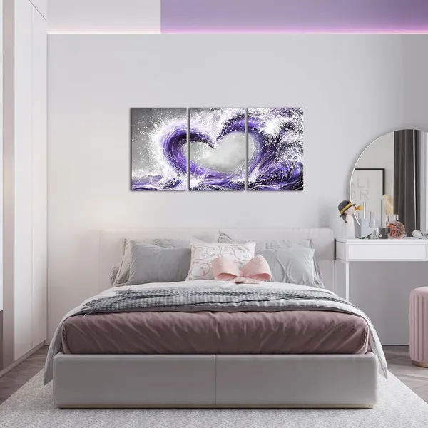 Purple_Romantic_Bedroom_Decor_Ocean_Wave_Painting_Love_Sign_Framed_Artwork_Bathroom_Bedroom_Living_Room_Wall_Decor_16"X24"X3Pieces_(Purple)