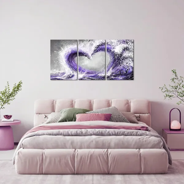 Purple_Romantic_Bedroom_Decor_Ocean_Wave_Painting_Love_Sign_Framed_Artwork_Bathroom_Bedroom_Living_Room_Wall_Decor_16"X24"X3Pieces_(Purple)