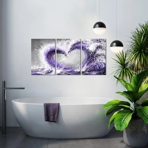 Purple_Romantic_Bedroom_Decor_Ocean_Wave_Painting_Love_Sign_Framed_Artwork_Bathroom_Bedroom_Living_Room_Wall_Decor_16"X24"X3Pieces_(Purple)