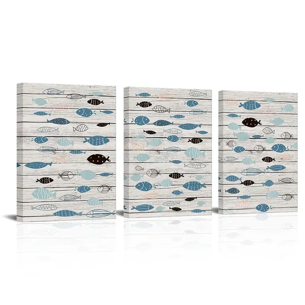 Multicolor_Blue_Fish_Wall_Art_Canvas_Print_Ocean_Theme_Bathroom_Decor_Wood_Texture_Background_Home_Decorative_Pictures_12"X16"X3_Panels