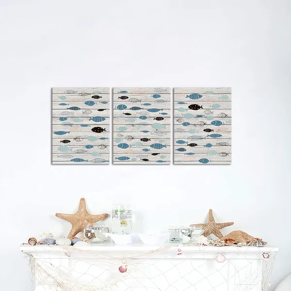 Multicolor_Blue_Fish_Wall_Art_Canvas_Print_Ocean_Theme_Bathroom_Decor_Wood_Texture_Background_Home_Decorative_Pictures_12"X16"X3_Panels