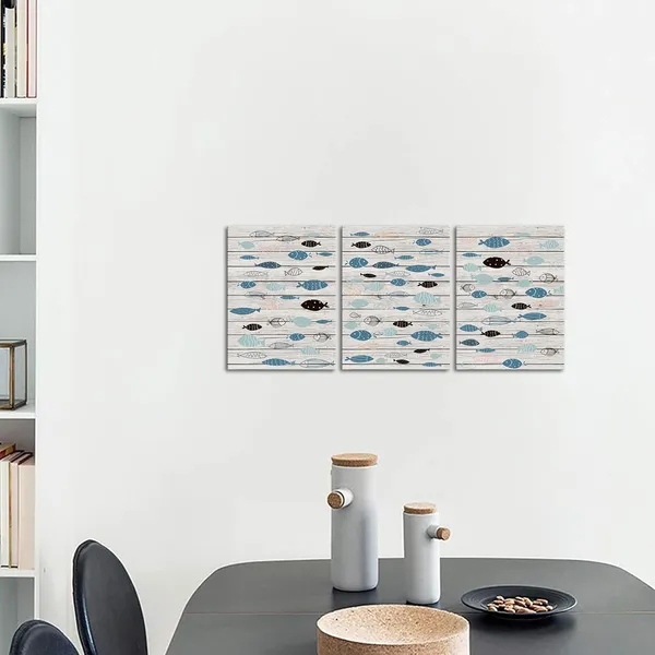 Multicolor_Blue_Fish_Wall_Art_Canvas_Print_Ocean_Theme_Bathroom_Decor_Wood_Texture_Background_Home_Decorative_Pictures_12"X16"X3_Panels