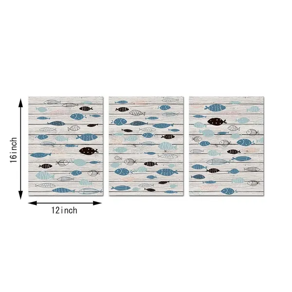 Multicolor_Blue_Fish_Wall_Art_Canvas_Print_Ocean_Theme_Bathroom_Decor_Wood_Texture_Background_Home_Decorative_Pictures_12"X16"X3_Panels