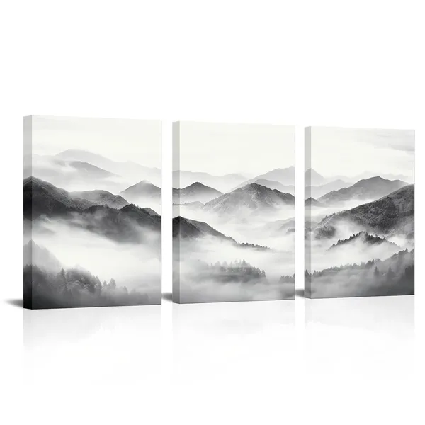 Grey_Mountain_Wall_Art_Nature_Landscape_Painting_Wall_Decor,_Framed_Artwork_12X16Inchx3Pieces