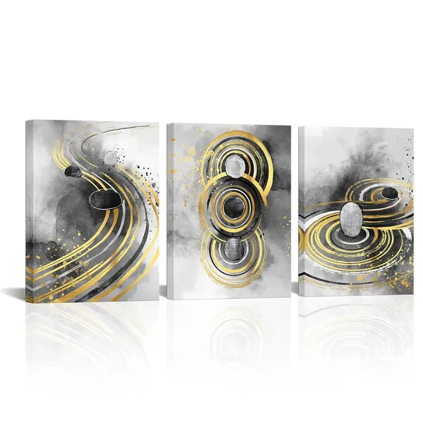 Gold_And_Grey_Zen_Wall_Art_Gold_And_Grey_Stones_Painting_Zen_Room_Decor,_Framed_Artwork_12X16Inchx3Pieces