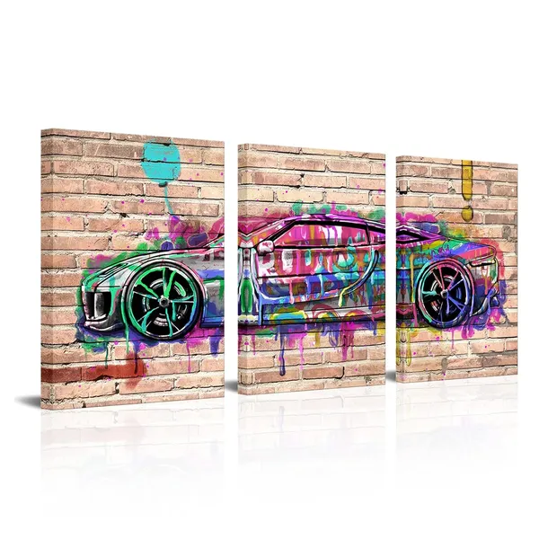 Grey_Sports_Car_Canvas_Wall_Art_Abstract_Graffiti_Car_Poster_Painting_Framed_Canvas_Print,_Ready_To_Hang_16_X_24_Inch_X3_Panels