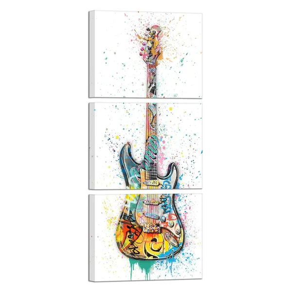 White_Music_Room_Decor_Graffiti_Wall_Art_Guitar_Painting_Music_Wall_Art_Framed_Canvas_Artwork_|_For_Walls_12Inchx16Inchx3Piece_(White,_Vertical)