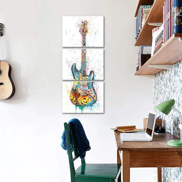 White_Music_Room_Decor_Graffiti_Wall_Art_Guitar_Painting_Music_Wall_Art_Framed_Canvas_Artwork_|_For_Walls_12Inchx16Inchx3Piece_(White,_Vertical)