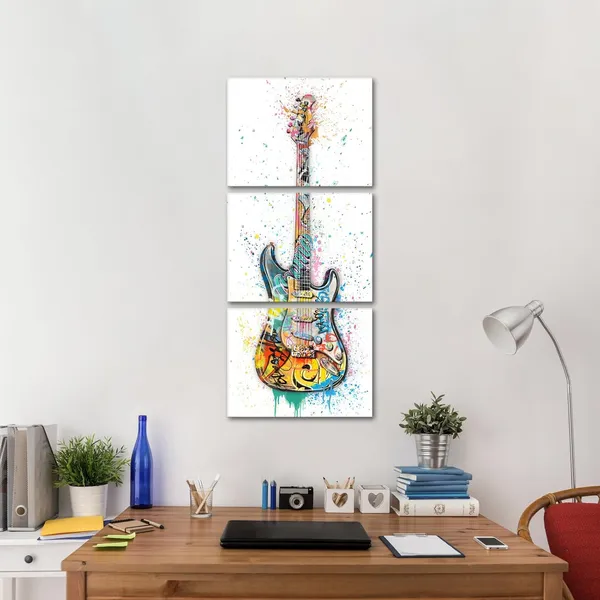 White_Music_Room_Decor_Graffiti_Wall_Art_Guitar_Painting_Music_Wall_Art_Framed_Canvas_Artwork_|_For_Walls_12Inchx16Inchx3Piece_(White,_Vertical)