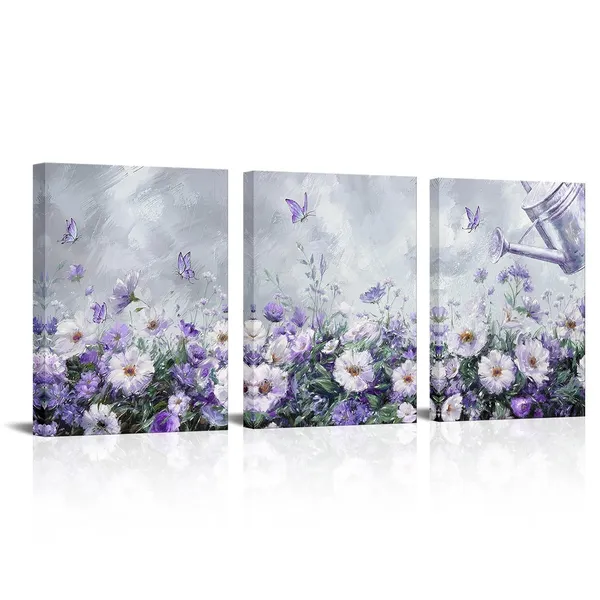 Purple_Flower_Butterfly_Canvas_Wall_Art_Farmhouse_Bathroom_Decor_Pictures_Country_Bedroom_Decor_Painting_Framed_Artwork_12X16Inchx3Pieces_(Purple)