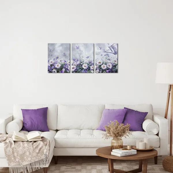 Purple_Flower_Butterfly_Canvas_Wall_Art_Farmhouse_Bathroom_Decor_Pictures_Country_Bedroom_Decor_Painting_Framed_Artwork_12X16Inchx3Pieces_(Purple)