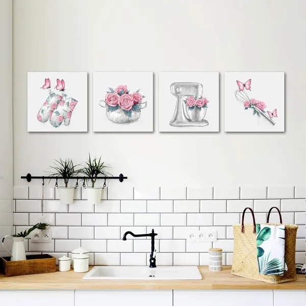 Pink_Kitchen_Wall_Art_Farmhouse_Kitchen_Decor_Flower_Butterfly_Painting_Pictures_Framed_Artwork_12X12Inchx4Pieces_(Pink)