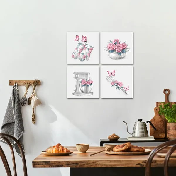 Pink_Kitchen_Wall_Art_Farmhouse_Kitchen_Decor_Flower_Butterfly_Painting_Pictures_Framed_Artwork_12X12Inchx4Pieces_(Pink)