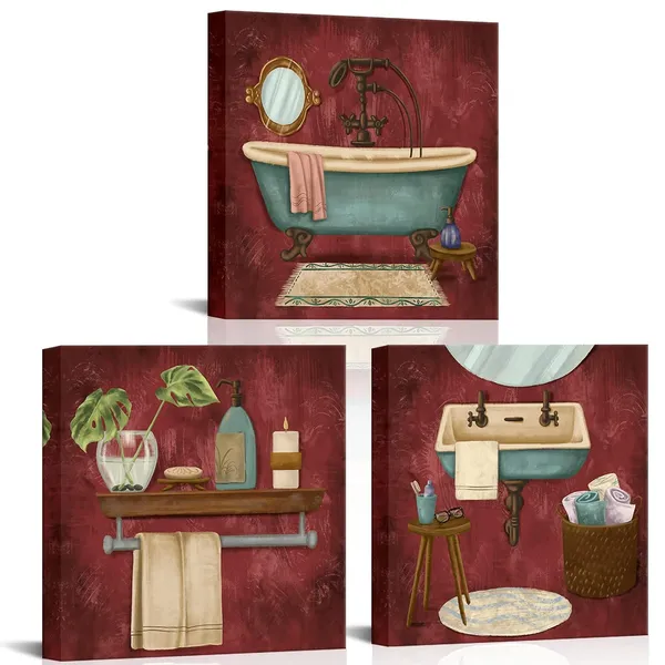 Red_3_Piece_Bathroom_Canvas_Wall_Art_Vintage_Red_Style_Bathtub_Towel_Sink_Picture_Poster_Still_Life_Scenes_Painting_|_For_Modern_Home_Hotel_Artwork_Decor_Each_Panel_12X12Inch_(Small)