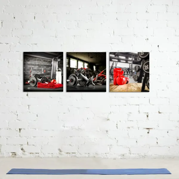 Multicolor_3_Panel_Dumbbells_And_Red_Boxing_Glovers_On_Table_Close-Up_Picture_Prints_Canvas_|_For_Modern_Gym_Fitness_Room_Wall_Decor_Sports_Themed_Artwork_Framed_|_For_Boys_Room_16X16Inchx3Pcs_(Medium)