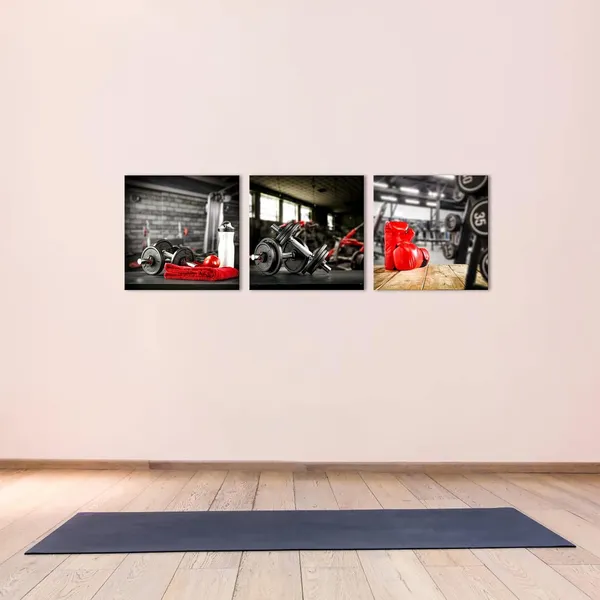 Multicolor_3_Panel_Dumbbells_And_Red_Boxing_Glovers_On_Table_Close-Up_Picture_Prints_Canvas_|_For_Modern_Gym_Fitness_Room_Wall_Decor_Sports_Themed_Artwork_Framed_|_For_Boys_Room_16X16Inchx3Pcs_(Medium)
