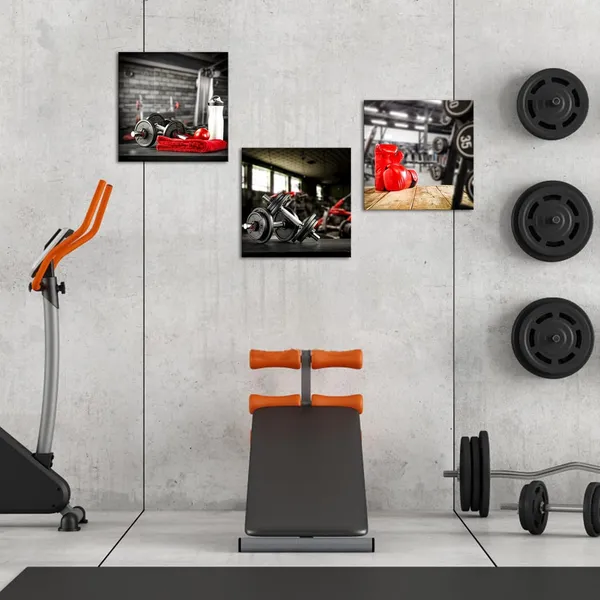Multicolor_3_Panel_Dumbbells_And_Red_Boxing_Glovers_On_Table_Close-Up_Picture_Prints_Canvas_|_For_Modern_Gym_Fitness_Room_Wall_Decor_Sports_Themed_Artwork_Framed_|_For_Boys_Room_16X16Inchx3Pcs_(Medium)