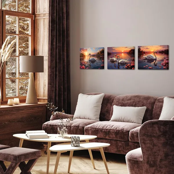White_3_Pieces_Swan_And_Sunset_Canvas_Wall_Art_Romantic_Flower_Lake_Painting_Print_Wall_Decor_|_For_Living_Room_Bedroom_Bathroom_12"X16"X3Pcs